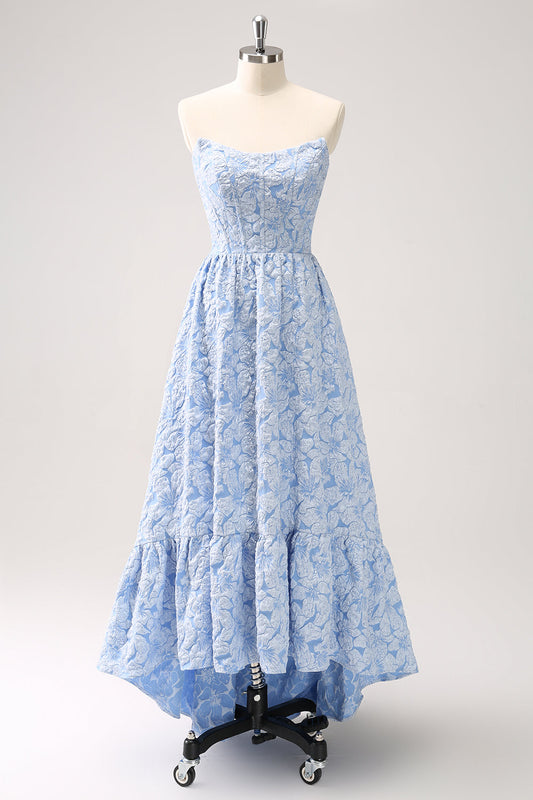 Robe de demoiselle d'honneur trapèze asymétrique bustier floral bleu