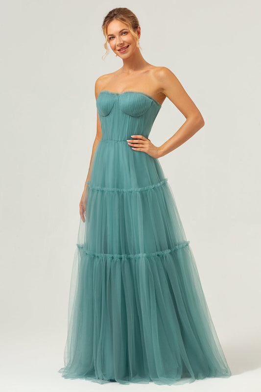 Robe de demoiselle d'honneur trapèze bustier en tulle Eucalyptus