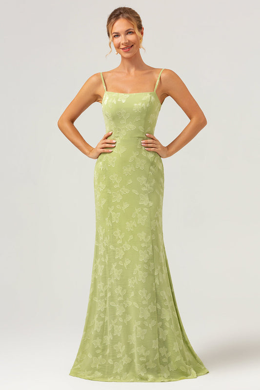 Robe de demoiselle d'honneur vert sirène à bretelles spaghetti brodée avec dos à lacets