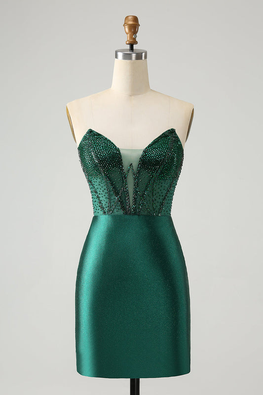 Robe de soirée courte bustier vert foncé style corset près du corps