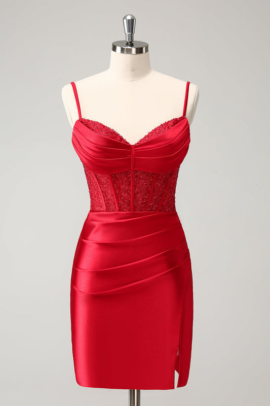 Élégante Robe de Soirée Fourreau Rouge en Satin avec Corset à Bretelles Fines et Fente