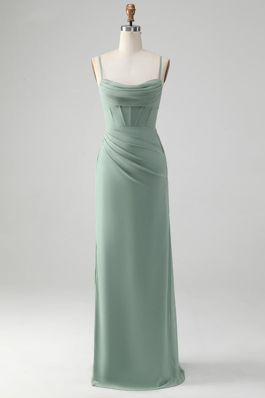 Robe de Demoiselle d'Honneur Corset Sirène Vert Gris à Bretelles Fines et Fente