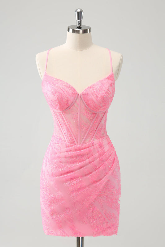 Robe de bal corset moulante à fines bretelles roses avec dos lacé