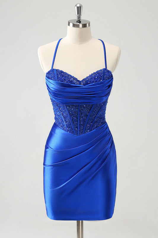 Robe de bal courte moulante corset bleu roi scintillant avec dos lacé