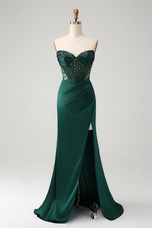 Robe de Bal Longue Fendue Corset Bustier Perlé Sirène Vert Foncé Scintillant
