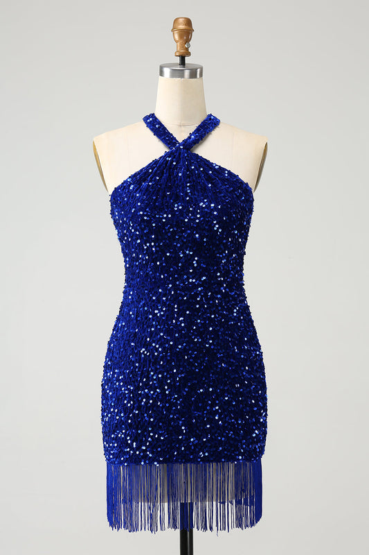 Robe courte de soirée bleue royale brillante à paillettes avec dos nu et pompons