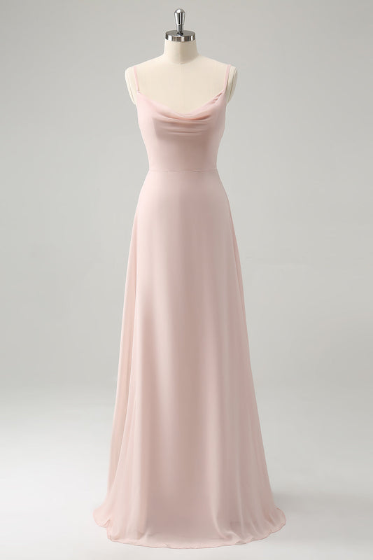 Robe de Demoiselle d'Honneur en Mousseline Rose à Col Bénitier et Bretelles Spaghetti