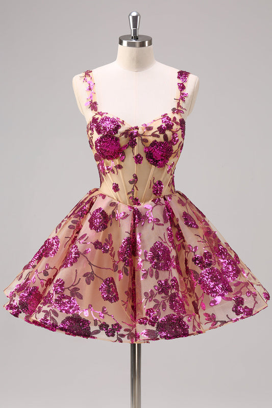 Robe longue de bal de fin d'année scintillante fuchsia coupe trapèze avec corset et sequins