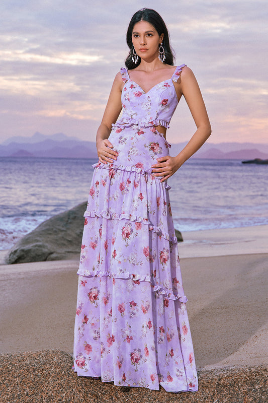 Robe de Demoiselle d'Honneur Évasée en Mousseline Violette à Fleurs avec Épaules Dénudées