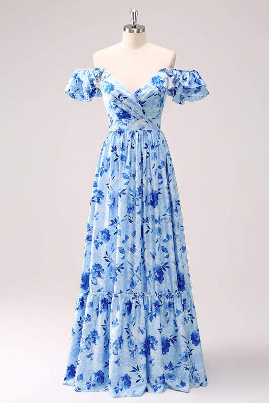 Robe de demoiselle d'honneur à fleurs, ligne A, épaules dénudées, bleue