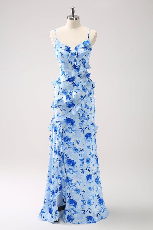 Robe de demoiselle d'honneur fendue bleu à volants et motifs floraux