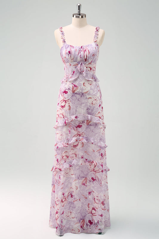 Robe de demoiselle d'honneur longue gris violet sirène bretelles fines à fleurs