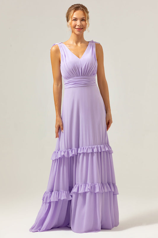 Robe longue de demoiselle d'honneur trapèze en mousseline lilas avec fronces et volants