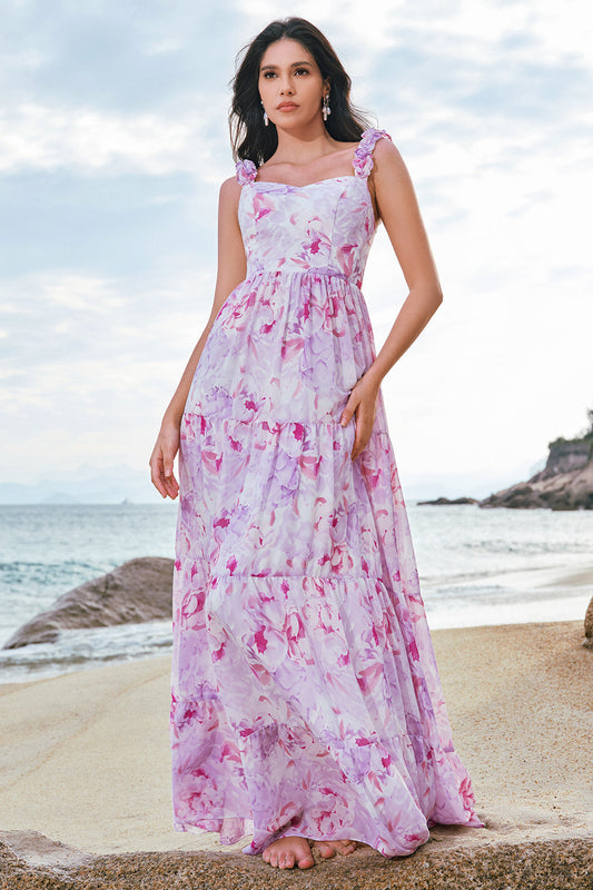 Robe de demoiselle d'honneur trapèze fleurie gris violet à fines bretelles