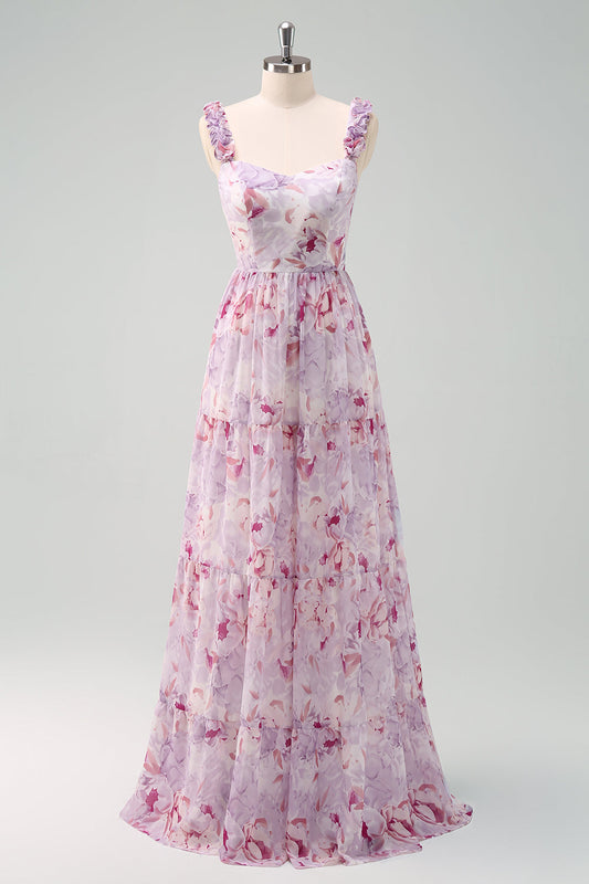 Robe de demoiselle d'honneur longue trapèze gris-violet à bretelles spaghetti et imprimé floral
