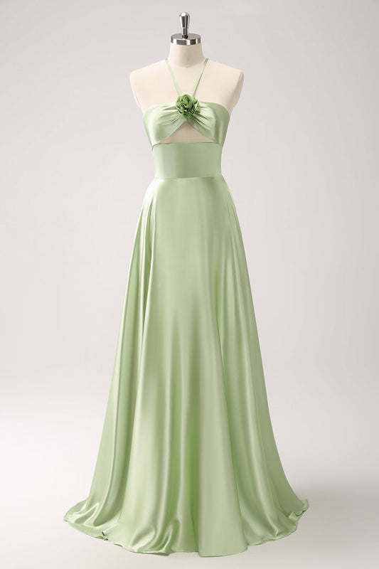 Robe de demoiselle d'honneur trapèze dos nu en satin évidée vert clair avec fleurs