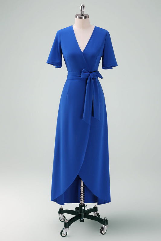 Vestido largo de cuello en V azul rey para la madre de la novia con mangas cortas