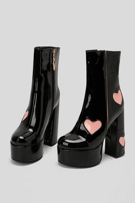 Platform Boots with Block Heel and PU Leather Hearts