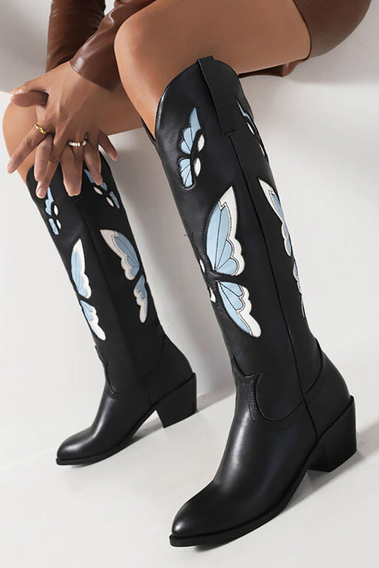 Black Butterfly Pattern Mid-Calf Chunky Heel Cowgirl Boots