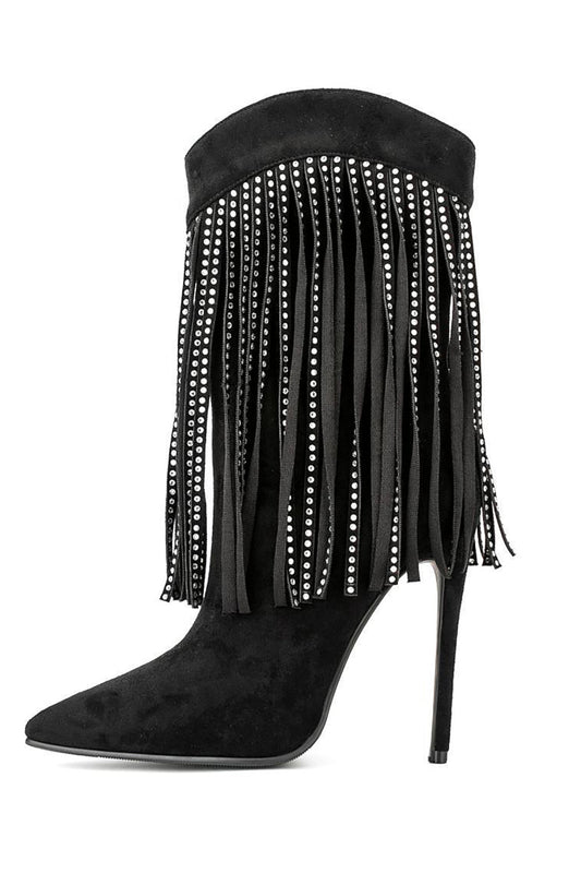 Bottines noires à talons aiguilles, franges en strass et effet daim