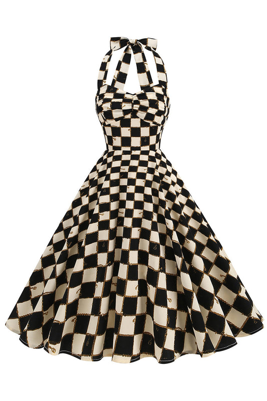 Robe courte noire vichy quadrillé dos-nu style vintage années 50