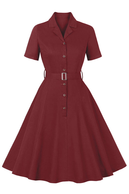 Robe Vintage Années 50 Simple Col Revers Bourgogne