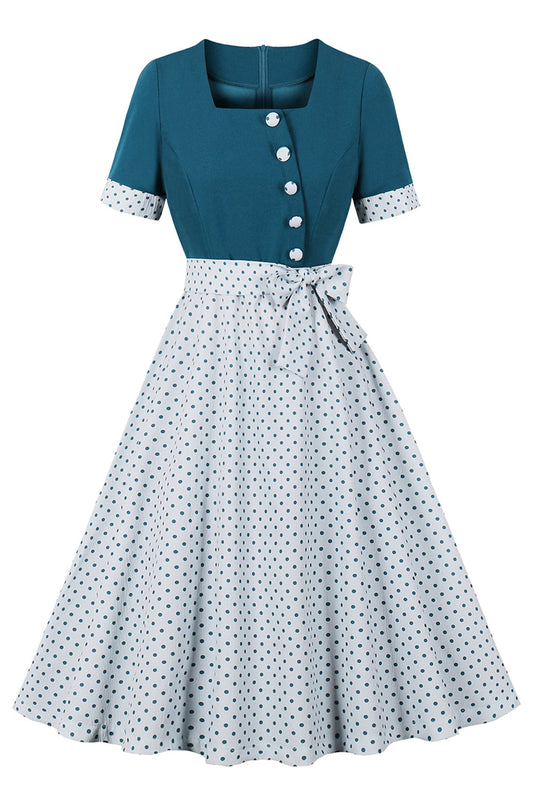 Robe vintage années 50 col carré à pois bleus et blancs
