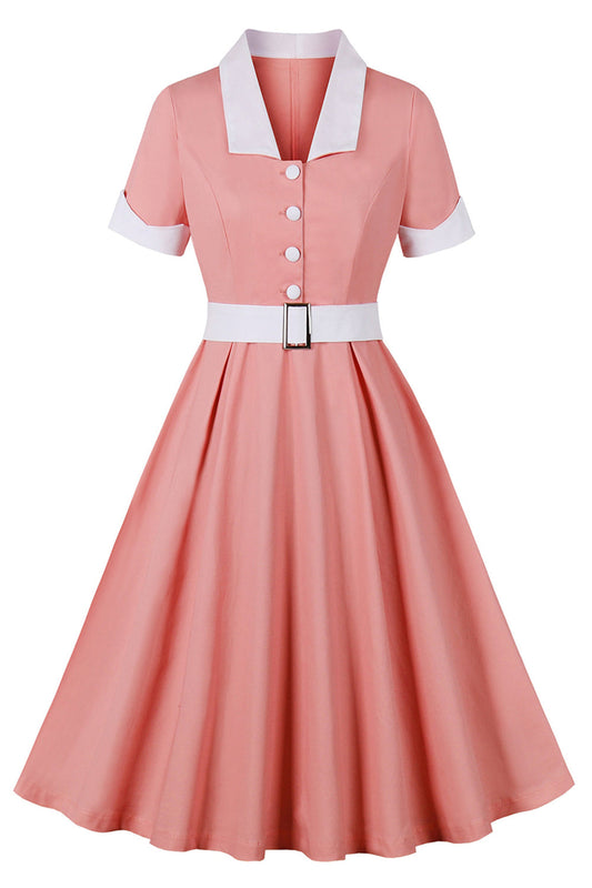 Robe trapèze vintage années 50 col revers rose poudré