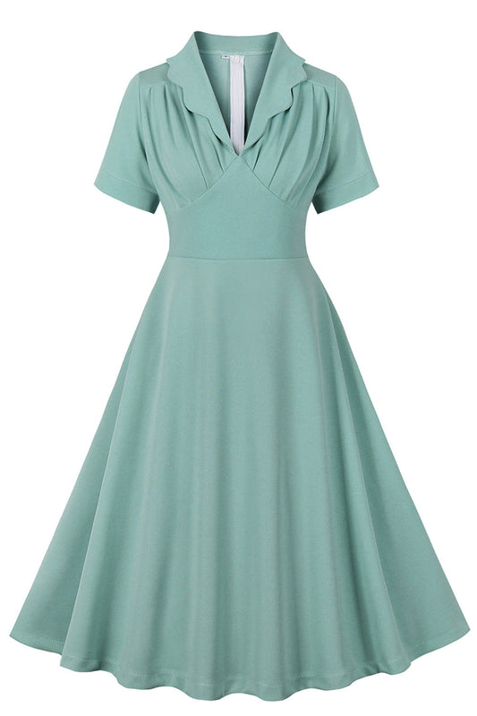 Robe Rétro Années 50 Verte à Volants Manches Courtes