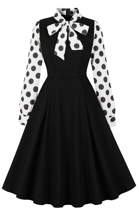Robe Années 50 Noire à Pois avec Nœuds