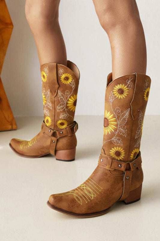 Bottes de cow-girl à talons épais et bouts pointus, motif tournesol marron
