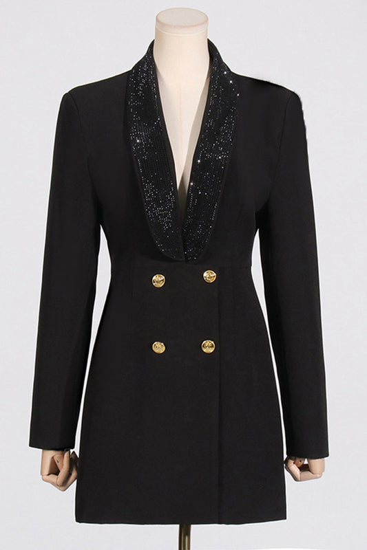 Blazer femme scintillant noir à revers châle, dos nu et perles