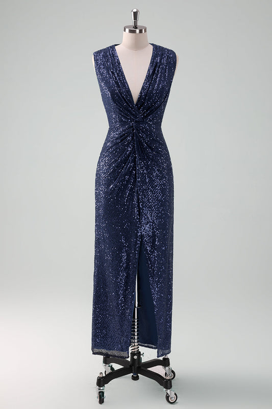 Robe fourreau sans manches à col en V bleu marine avec sequins pour invitée de mariage