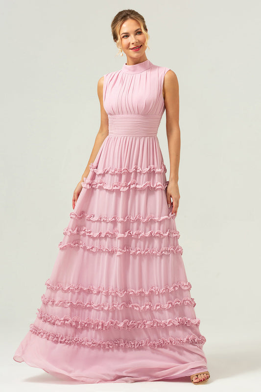 Robe longue de demoiselle d'honneur évasée en mousseline volantée vieux rose à dos ouvert