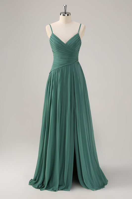 Robe de demoiselle d'honneur fendue en mousseline plissée à bretelles spaghetti et coupe trapèze Eucalyptus