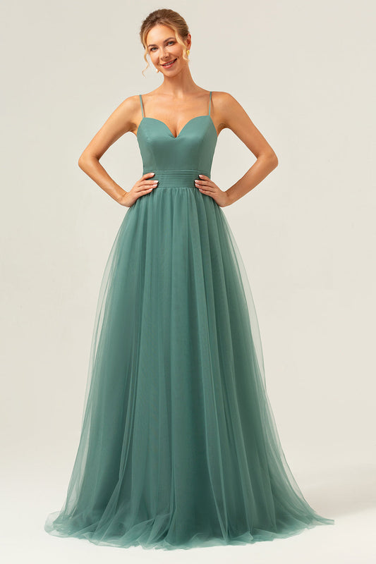 Robe longue de demoiselle d'honneur trapèze en tulle à bretelles spaghetti Eucalyptus