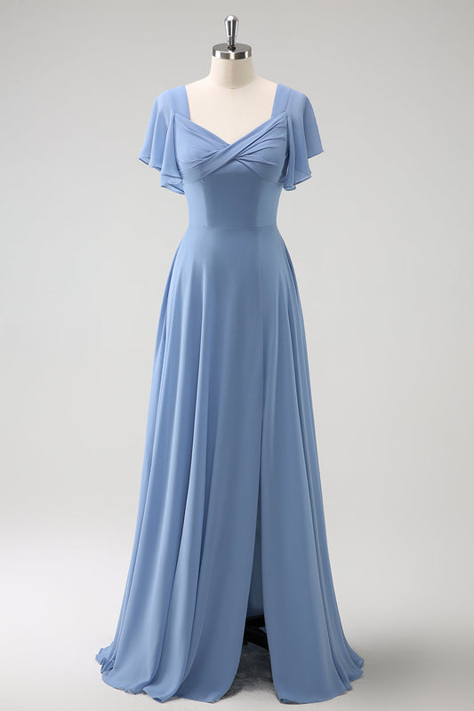Grey Blue A-Line Chiffon Long Bridesmaid Dress with Slit