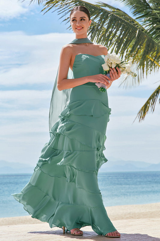 Robe longue de demoiselle d'honneur à volants, ligne A, bustier, eucalyptus, avec ruban