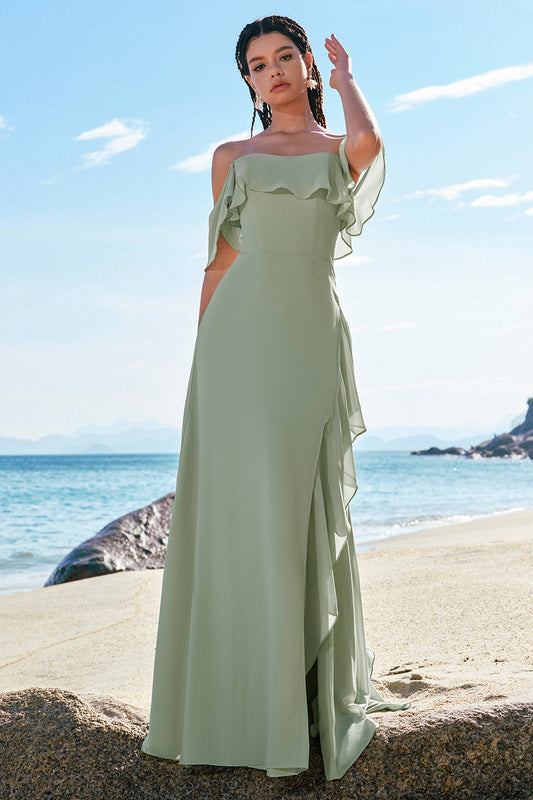 Robe longue de demoiselle d'honneur vert clair sirène, épaules dénudées, avec fente à volants