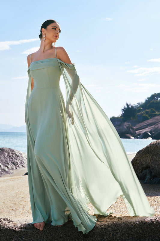 Robe de Demoiselle d'honneur en Mousseline Vert clair à Épaules Dénudées et Manches Amovibles