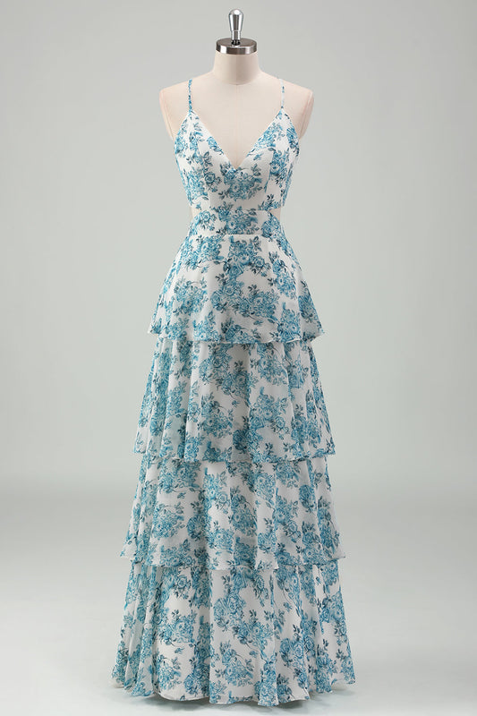 Robe de demoiselle d'honneur à fines bretelles avec jupe trapèze, fleurs bleues et blanches