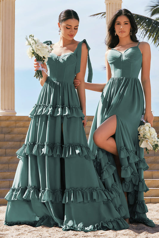 Robe longue de demoiselle d'honneur fendue en mousseline avec corset et bretelles à nœud, coupe trapèze, couleur eucalyptus