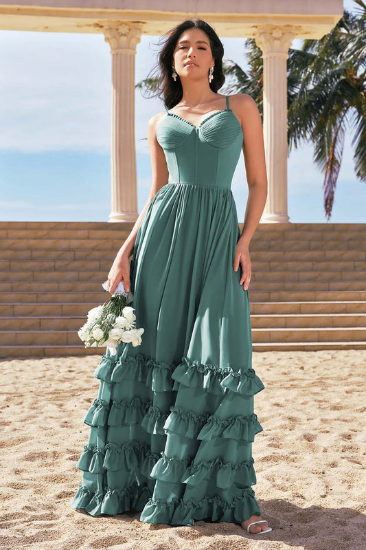 Robe de demoiselle d'honneur longue en mousseline ruchée avec corset trapèze et fente Eucalyptus