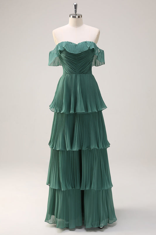 Robe longue de demoiselle d'honneur plissée à plusieurs niveaux, style ligne A, épaules dénudées, en eucalyptus, avec fente