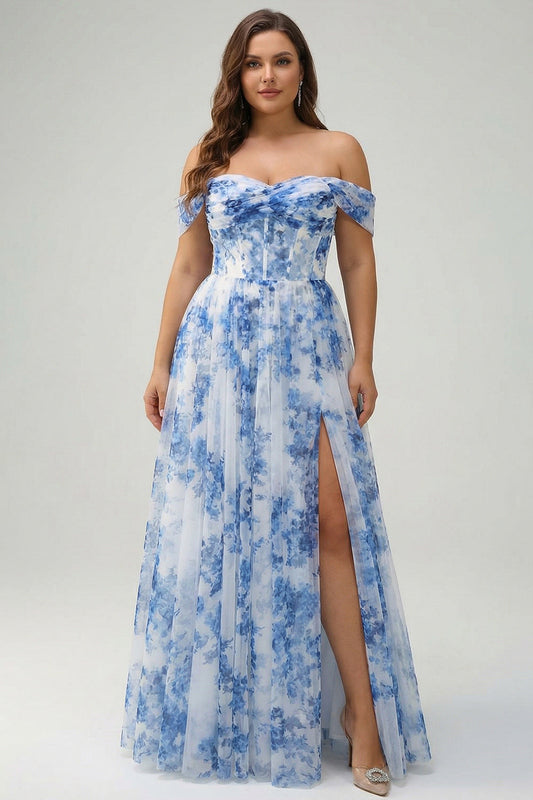 Robe de Demoiselle d'Honneur Grande Taille Blanche et Bleue à Fleurs Épaules Dénudées Corset Coupe A avec Fente