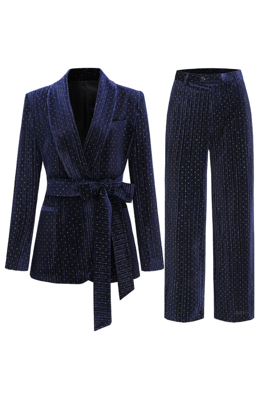 2-Piece Shawl Lapel Navy Women's Suits with Belt
