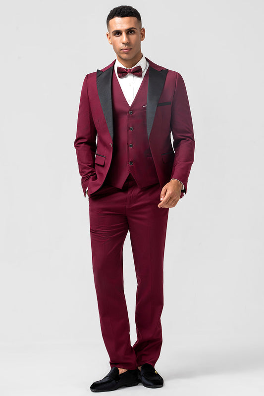 Costumes de bal pour hommes bordeaux 3 pièces à revers pointus