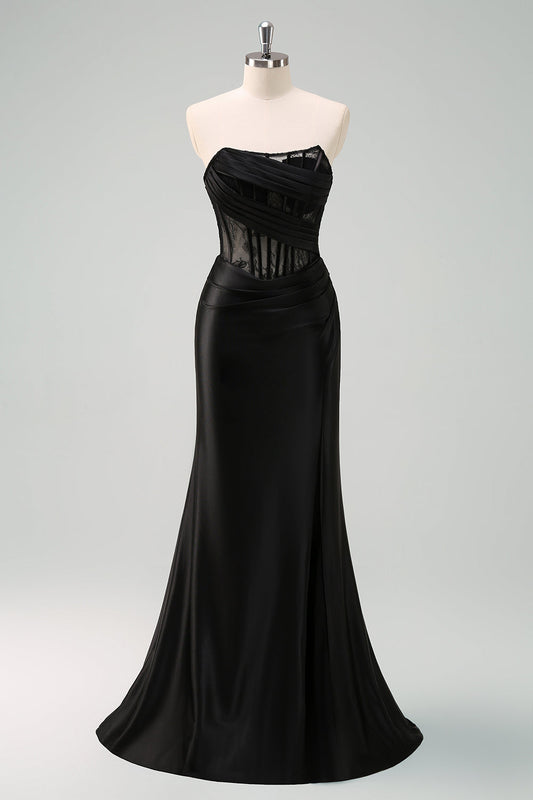 Robe de bal longue noire bustier sirène froncée corsage