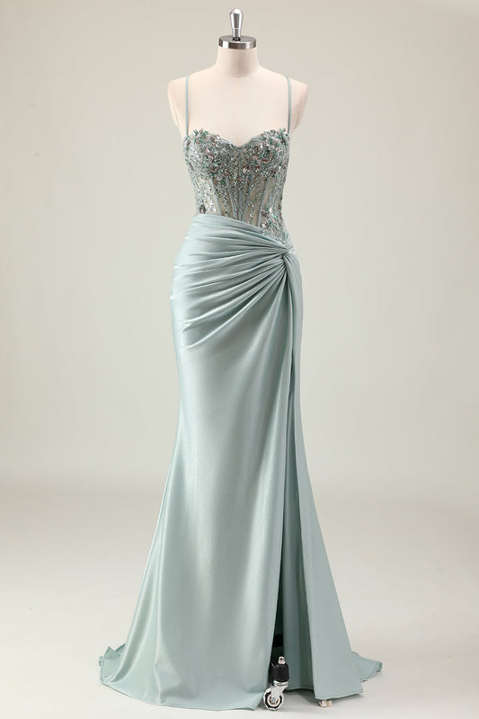 Sparkly Dusty Green Mermaid Sequins Spaghetti Straps Long Prom Dress with Slit