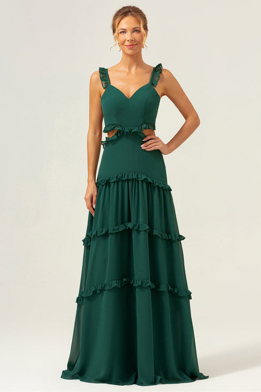 Robe longue de demoiselle d'honneur trapèze en mousseline vert foncé avec volants et découpes